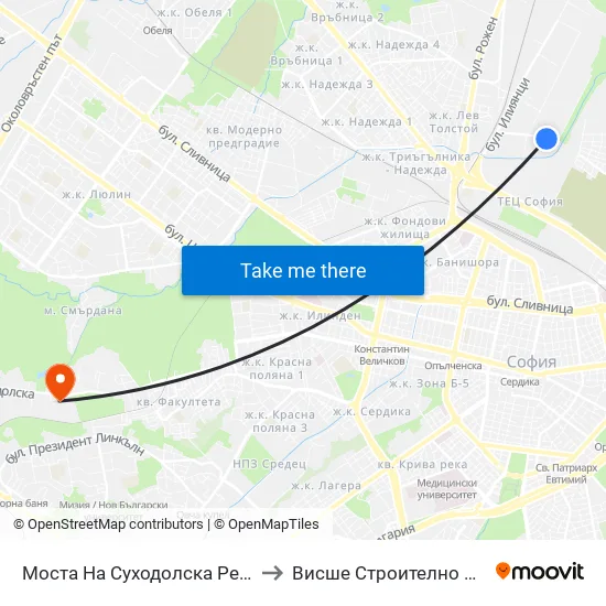 Моста На Суходолска Река / Suhodolska River Bridge (1505) to Висше Строително Училище ""Любен Каравелов"" map