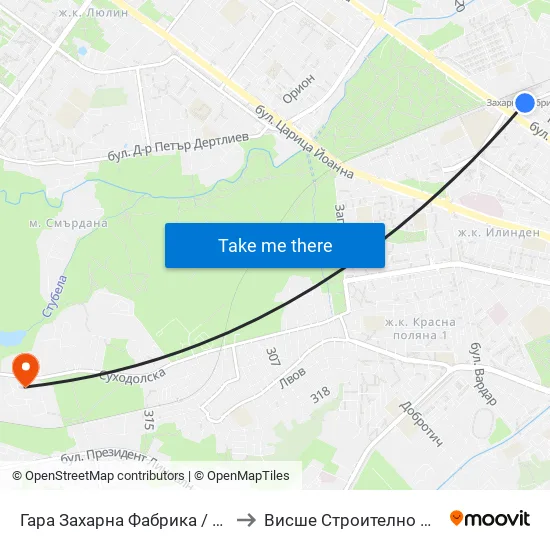 Гара Захарна Фабрика / Zaharna Fabrika Train Station (0452) to Висше Строително Училище ""Любен Каравелов"" map