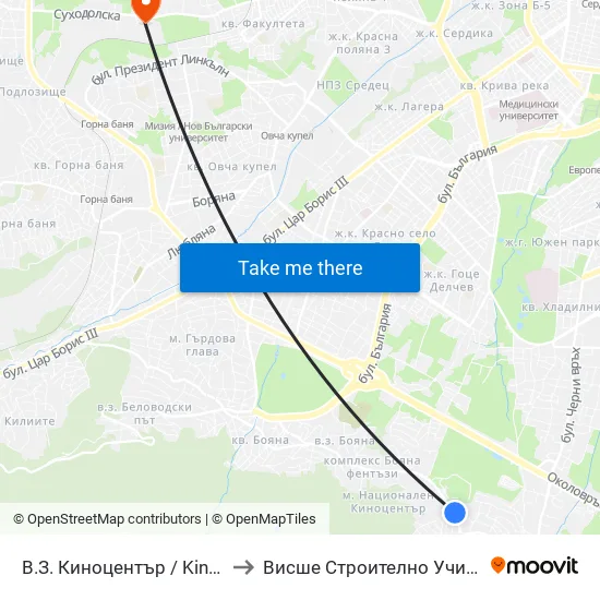 В.З. Киноцентър / Kinotsentar Villa Zone (0412) to Висше Строително Училище ""Любен Каравелов"" map