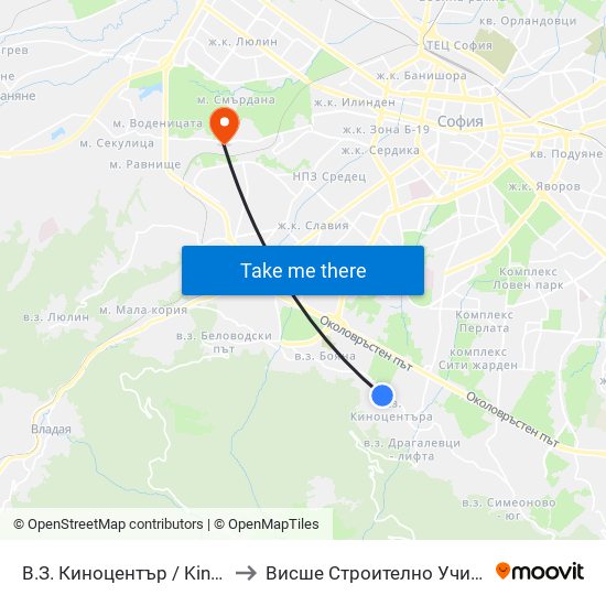 В.З. Киноцентър / Kinotsentar Villa Zone (0413) to Висше Строително Училище ""Любен Каравелов"" map