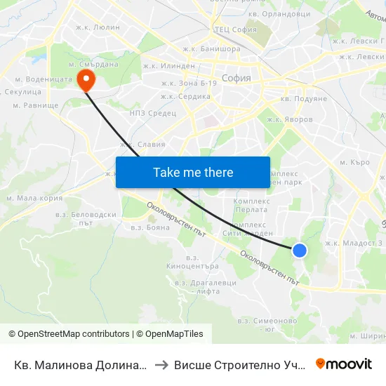 Кв. Малинова Долина / Malinova Dolina Qr. (0426) to Висше Строително Училище ""Любен Каравелов"" map