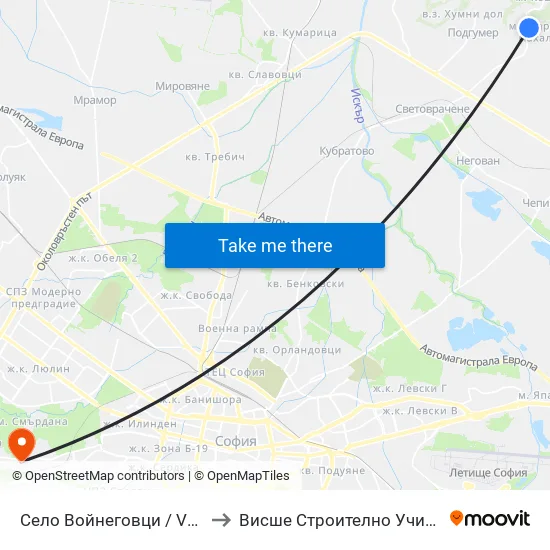 Село Войнеговци / Voynegovtsi Village (1516) to Висше Строително Училище ""Любен Каравелов"" map