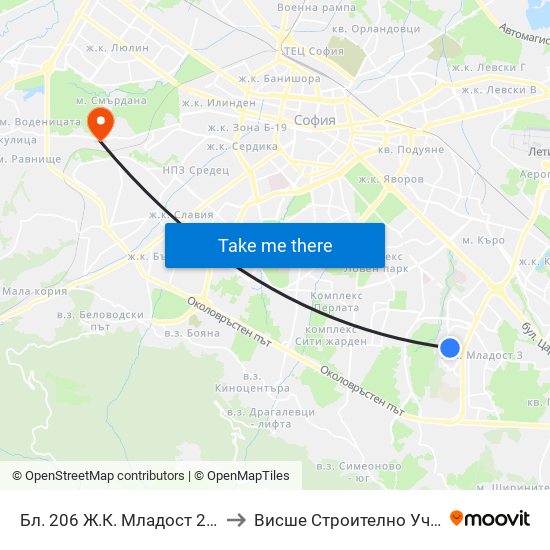 Бл. 206 Ж.К. Младост 2 / Bl. 206, Mladost 2 Qr. (0158) to Висше Строително Училище ""Любен Каравелов"" map