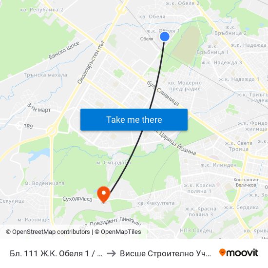 Бл. 111 Ж.К. Обеля 1 / Bl. 111, Obelya 1 Qr. (0133) to Висше Строително Училище ""Любен Каравелов"" map