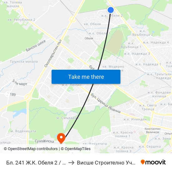 Бл. 241 Ж.К. Обеля 2 / Bl. 241, Obelya 2 Qr. (0171) to Висше Строително Училище ""Любен Каравелов"" map