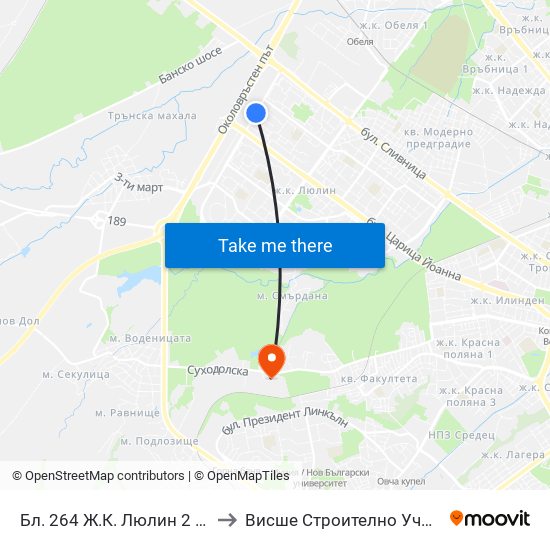 Бл. 264 Ж.К. Люлин 2 / Bl. 264, Lyulin 2 Qr. (0153) to Висше Строително Училище ""Любен Каравелов"" map