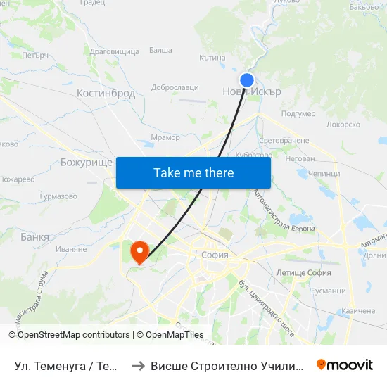 👋 Ул. Теменуга / Temenuga St. (2203) to Висше Строително Училище ""Любен Каравелов"" map