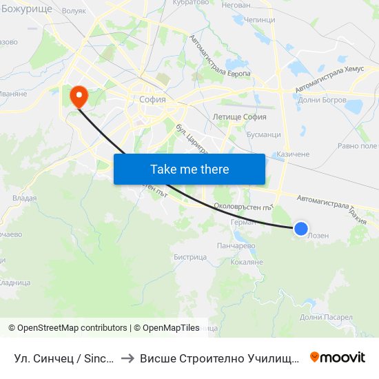 Ул. Синчец / Sinchets St. (2172) to Висше Строително Училище ""Любен Каравелов"" map