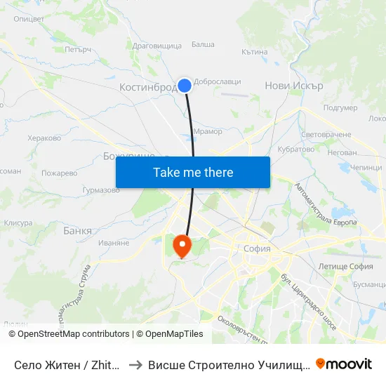 Село Житен / Zhiten Village (1534) to Висше Строително Училище ""Любен Каравелов"" map