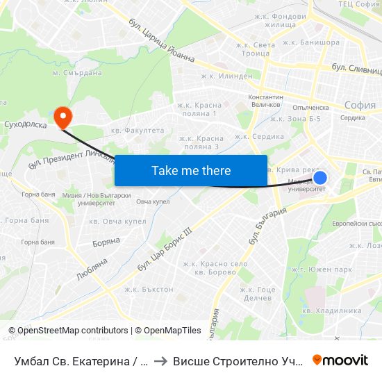 Умбал Св. Екатерина / St. Ekaterina Hospital (0443) to Висше Строително Училище ""Любен Каравелов"" map