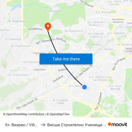 Ул. Вихрен / Vihren St. (1878) to Висше Строително Училище ""Любен Каравелов"" map