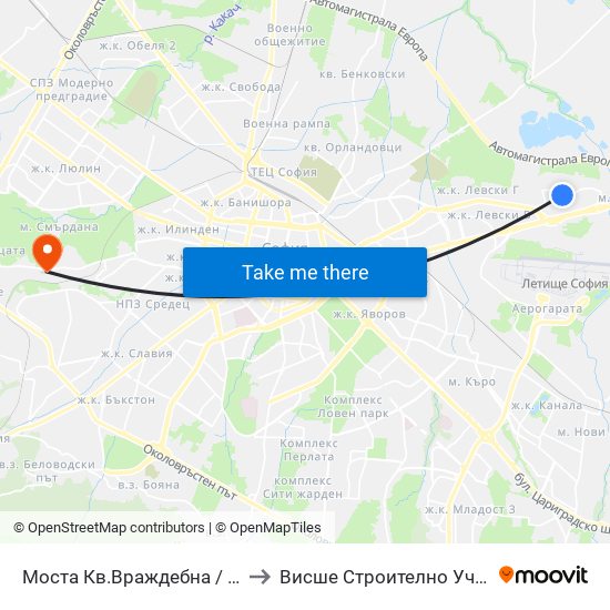 Моста Кв.Враждебна / Vrazhdebna Qr. Bridge (1093) to Висше Строително Училище ""Любен Каравелов"" map