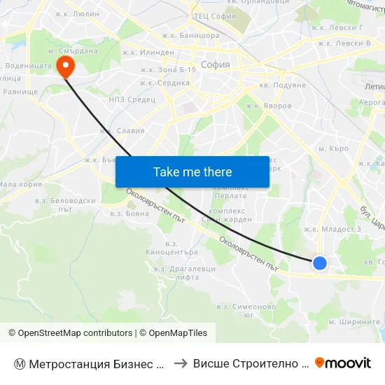 Ⓜ️ Метростанция Бизнес Парк / Business Park Metro Station (2491) to Висше Строително Училище ""Любен Каравелов"" map