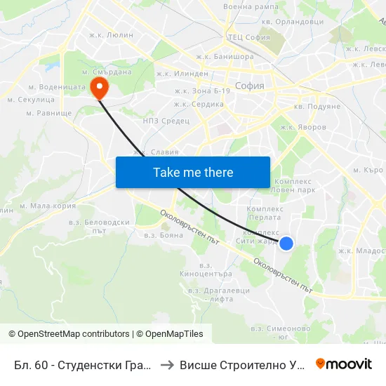 Бл. 60, Студенстки Град / Bl. 60, Students' Town (2508) to Висше Строително Училище ""Любен Каравелов"" map