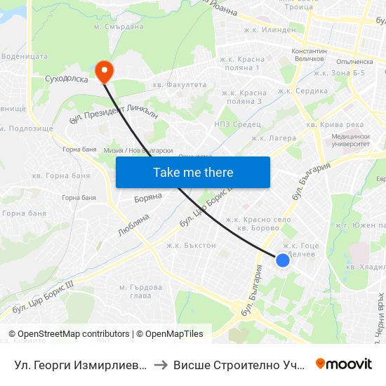 Ул. Георги Измирлиев / Georgi Izmirliev St. (6276) to Висше Строително Училище ""Любен Каравелов"" map