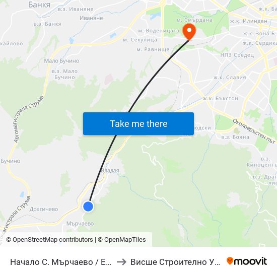 Начало С. Мърчаево / Entry To Marchaevo Village (1130) to Висше Строително Училище ""Любен Каравелов"" map