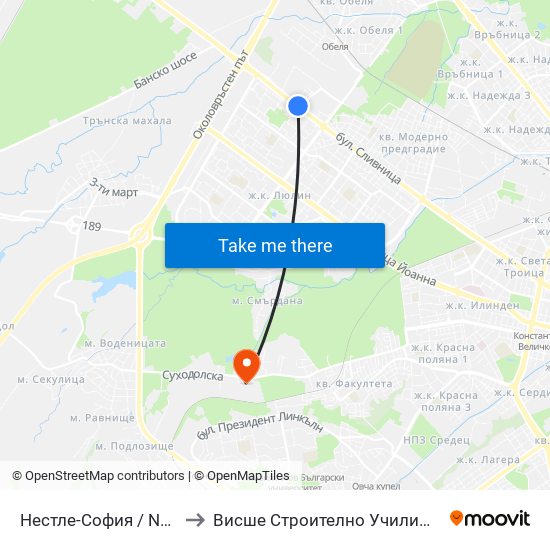 Нестле-София / Nestle Sofia (1141) to Висше Строително Училище ""Любен Каравелов"" map