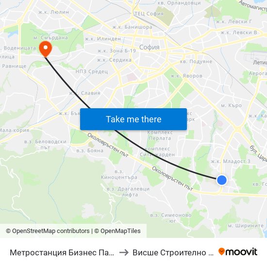 Метростанция Бизнес Парк / Business Park Metro Station (2373) to Висше Строително Училище ""Любен Каравелов"" map