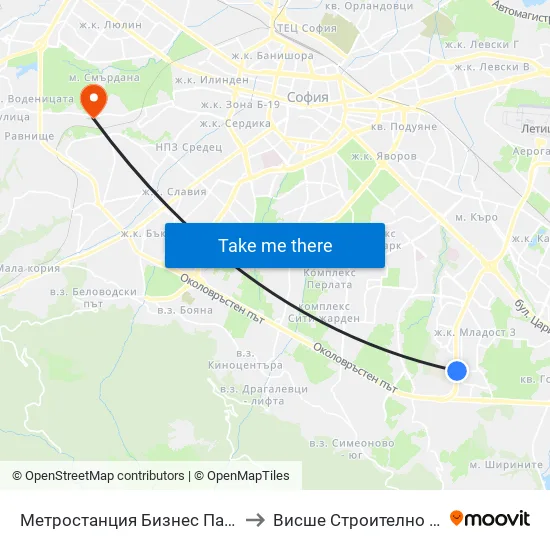 Ⓜ️ Метростанция Бизнес Парк / Business Park Metro Station (2373) to Висше Строително Училище ""Любен Каравелов"" map