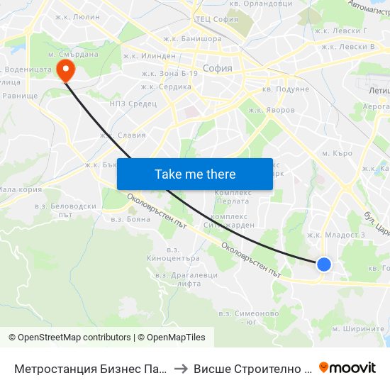 Ⓜ️ Метростанция Бизнес Парк / Business Park Metro Station (2374) to Висше Строително Училище ""Любен Каравелов"" map