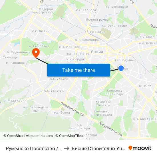 Румънско Посолство / Embassy Of Romania (1491) to Висше Строително Училище ""Любен Каравелов"" map