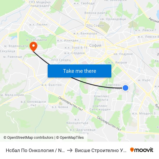 Нсбал По Онкология / National Oncology Hospital (0764) to Висше Строително Училище ""Любен Каравелов"" map