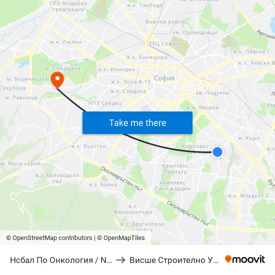 Ⓜ️🏥 Нсбал По Онкология / National Oncology Hospital (0761) to Висше Строително Училище ""Любен Каравелов"" map