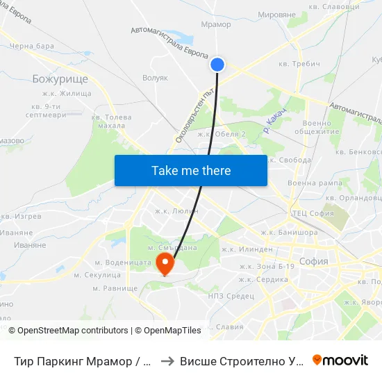 Тир Паркинг Мрамор / Tir Parking Mramor Village (2691) to Висше Строително Училище ""Любен Каравелов"" map