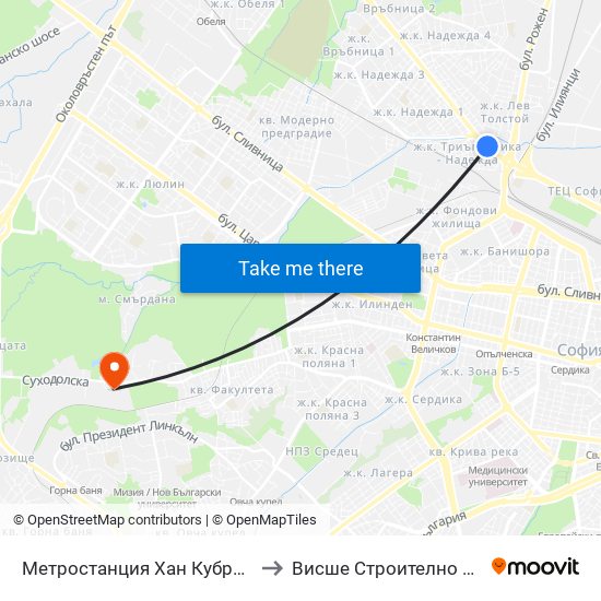 Метростанция Хан Кубрат / Khan Kubrat Metro Station (2662) to Висше Строително Училище ""Любен Каравелов"" map