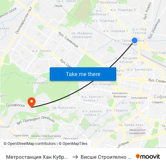Ⓜ️ Метростанция Хан Кубрат / Khan Kubrat Metro Station (2662) to Висше Строително Училище ""Любен Каравелов"" map