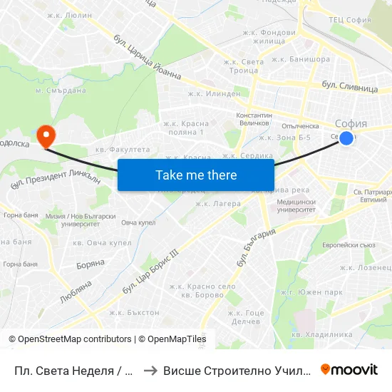 Пл. Света Неделя / St. Nedelya Sq. (1307) to Висше Строително Училище ""Любен Каравелов"" map