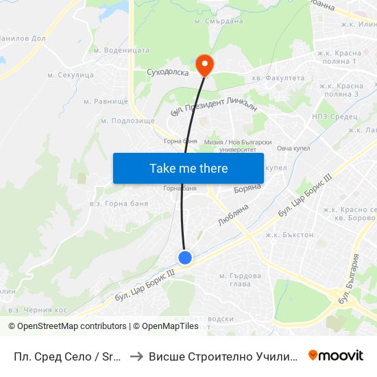 Пл. Сред Село / Sred Selo Sq. (1309) to Висше Строително Училище ""Любен Каравелов"" map