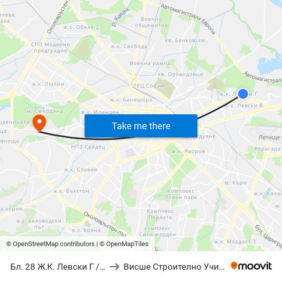 Бл. 28 Ж.К. Левски Г / Levski G Qr, Bl. 28 (0180) to Висше Строително Училище ""Любен Каравелов"" map