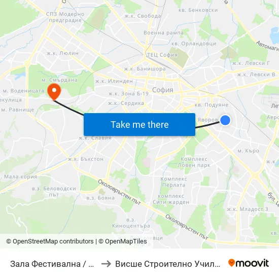 Зала Фестивална / Festivalna Hall (0730) to Висше Строително Училище ""Любен Каравелов"" map