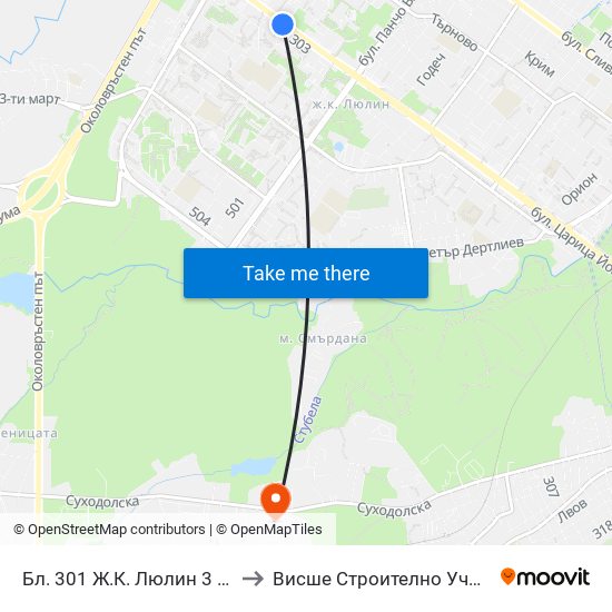 Бл. 301 Ж.К. Люлин 3 / Bl. 301, Lyulin 3 Qr. (0186) to Висше Строително Училище ""Любен Каравелов"" map