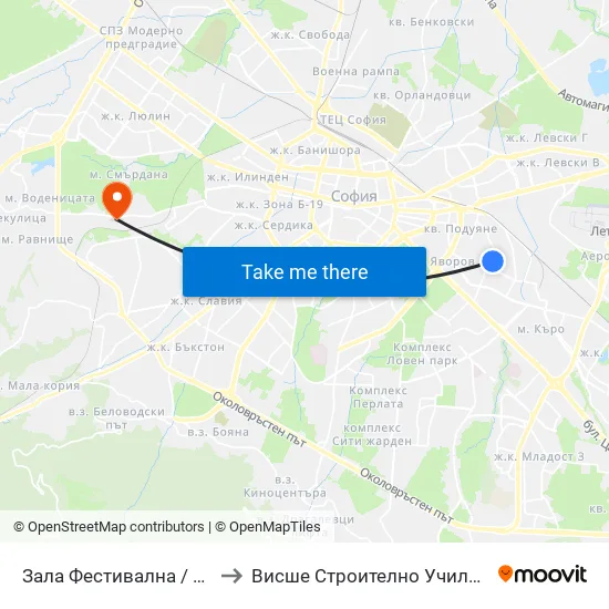 Зала Фестивална / Festivalna Hall (0729) to Висше Строително Училище ""Любен Каравелов"" map