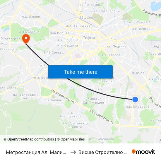 Метростанция Ал. Малинов / Al. Malinov Metro Station (2742) to Висше Строително Училище ""Любен Каравелов"" map