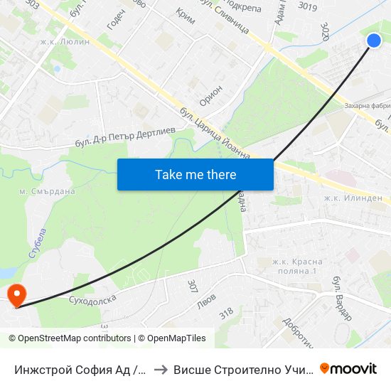Инжстрой София Ад / Inzhstroy Sofia Jsc (0757) to Висше Строително Училище ""Любен Каравелов"" map