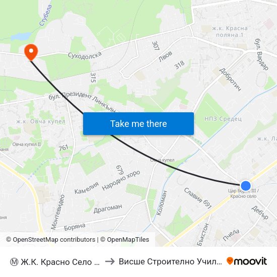 Ⓜ️ Ж.К. Красно Село / Krasno Selo Qr. (0639) to Висше Строително Училище ""Любен Каравелов"" map
