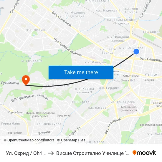 Ул. Охрид / Ohrid St. (2105) to Висше Строително Училище ""Любен Каравелов"" map