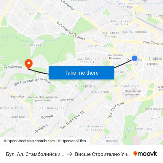 Бул. Ал. Стамболийски / Al. Stamboliyski Blvd. (0284) to Висше Строително Училище ""Любен Каравелов"" map