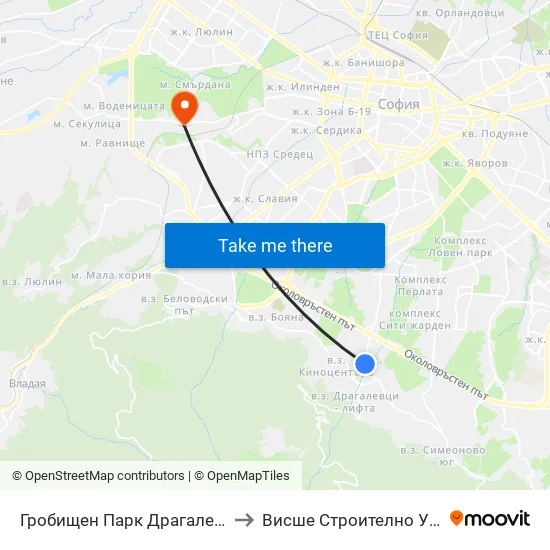 Гробищен Парк Драгалевци / Dragalevtsi Cemetery (6694) to Висше Строително Училище ""Любен Каравелов"" map