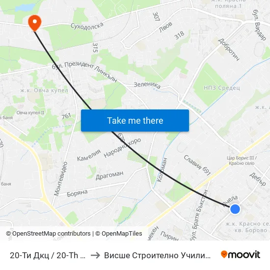20-Ти Дкц / 20-Th Polyclinic (0016) to Висше Строително Училище ""Любен Каравелов"" map