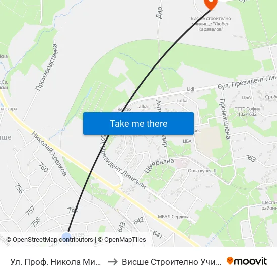Ул. Проф. Никола Милев / Prof. Nikola Mitev St. to Висше Строително Училище ""Любен Каравелов"" map