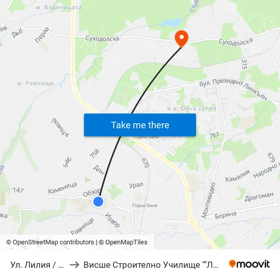 Ул. Лилия / Liliya St. to Висше Строително Училище ""Любен Каравелов"" map