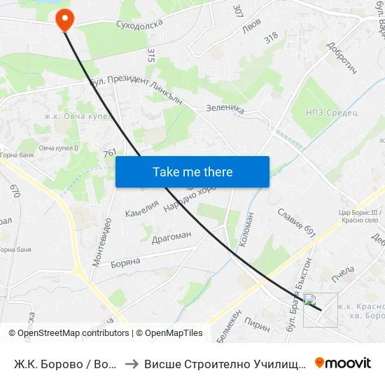 Ж.К. Борово / Borovo Sq. (2767) to Висше Строително Училище ""Любен Каравелов"" map
