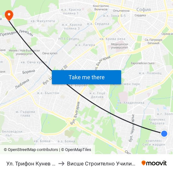 Ул. Трифон Кунев / Trifon Kunev St. to Висше Строително Училище ""Любен Каравелов"" map