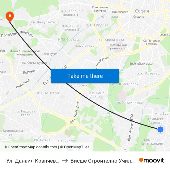 Ул. Данаил Крапчев / Danail Krapchev St. to Висше Строително Училище ""Любен Каравелов"" map