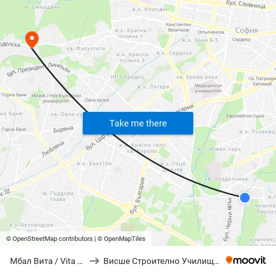Мбал Вита / Vita Hospital (2784) to Висше Строително Училище ""Любен Каравелов"" map