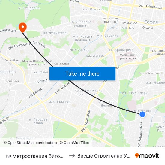 Ⓜ️ Метростанция Витоша / Vitosha Metro Station (0911) to Висше Строително Училище ""Любен Каравелов"" map